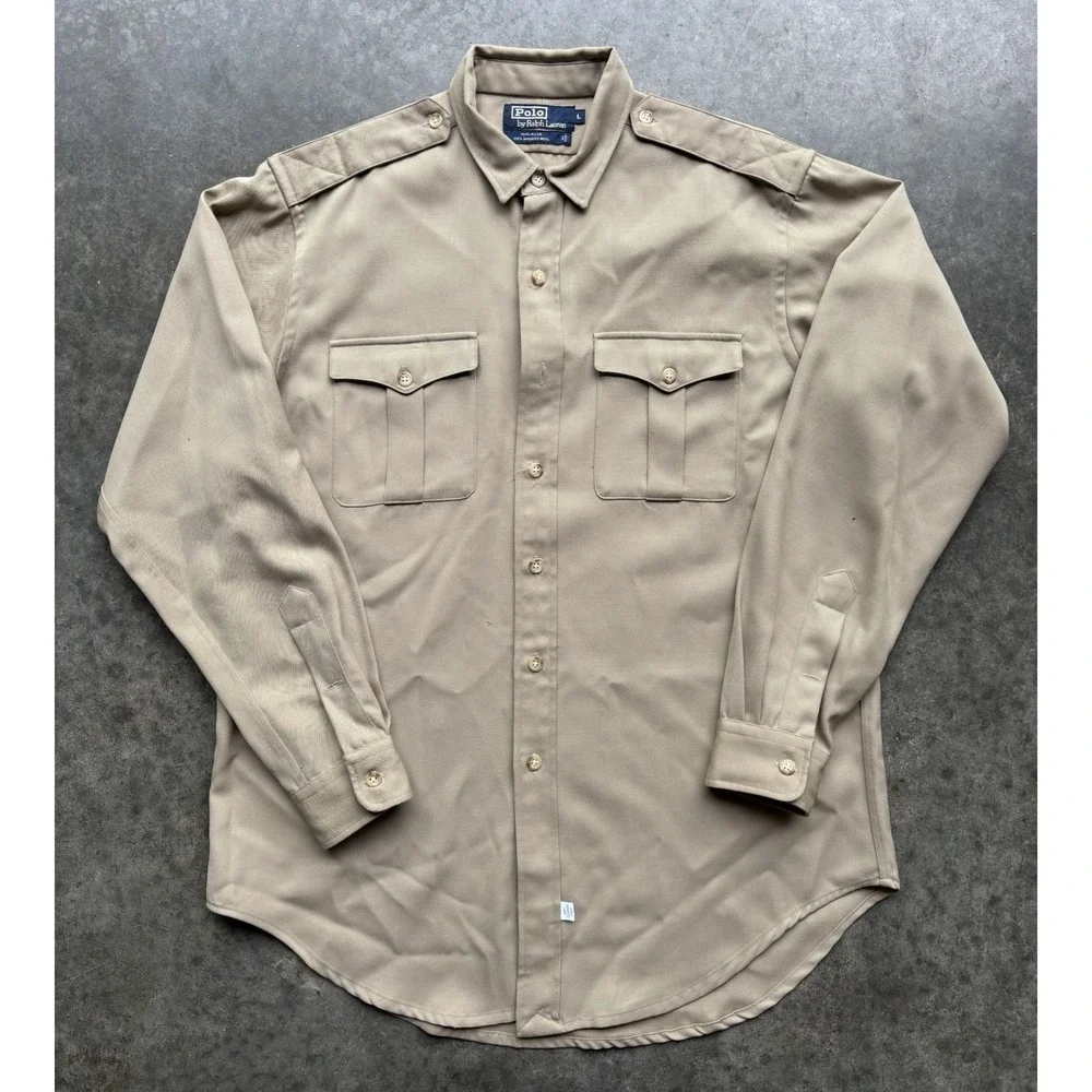 VTG Polo Ralph Lauren Safari Shirt Size Large 100% Wool Tan Military Epaulettes